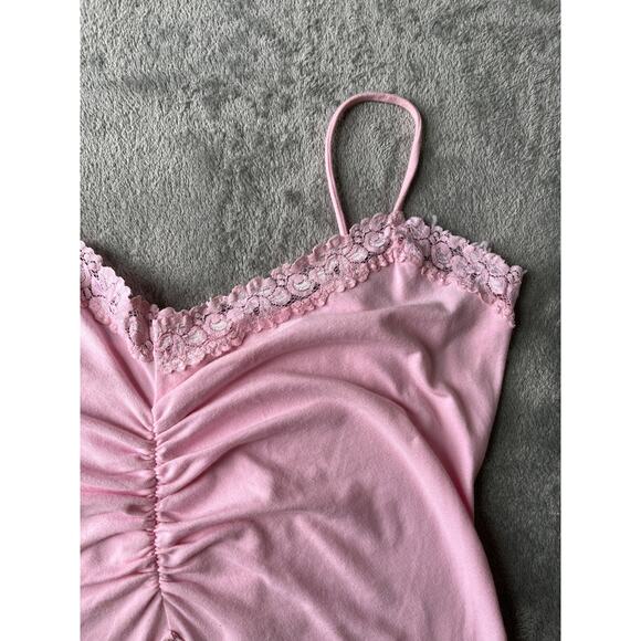 Vintage Y2K Pink Cami Tank Top Large USA Ruched Lace Fairy Dainty Stretchy 2000s - Picture 3 of 13